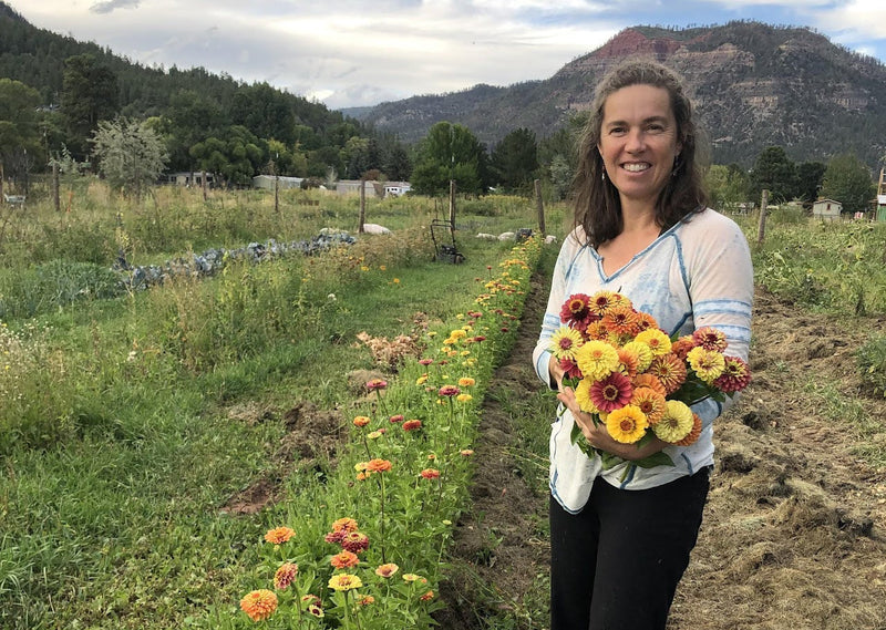 Woman holding a bouquet of flowers in a field with mountains in the background