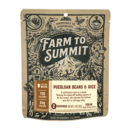 Farm to Summit's Gluten Free and Vegan Meal Puebloan Beans and Rice in  it's sustainable Upcycled packaging