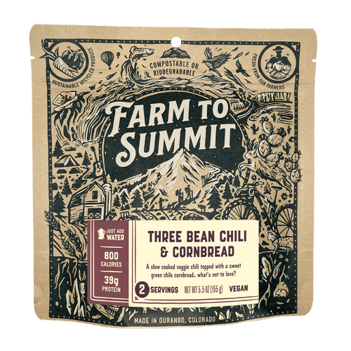 Close up shot of Dehydrated Three Bean Chili & Cornbread Meal by Farm to Summit in sustainable Upcycled Packaging. 
